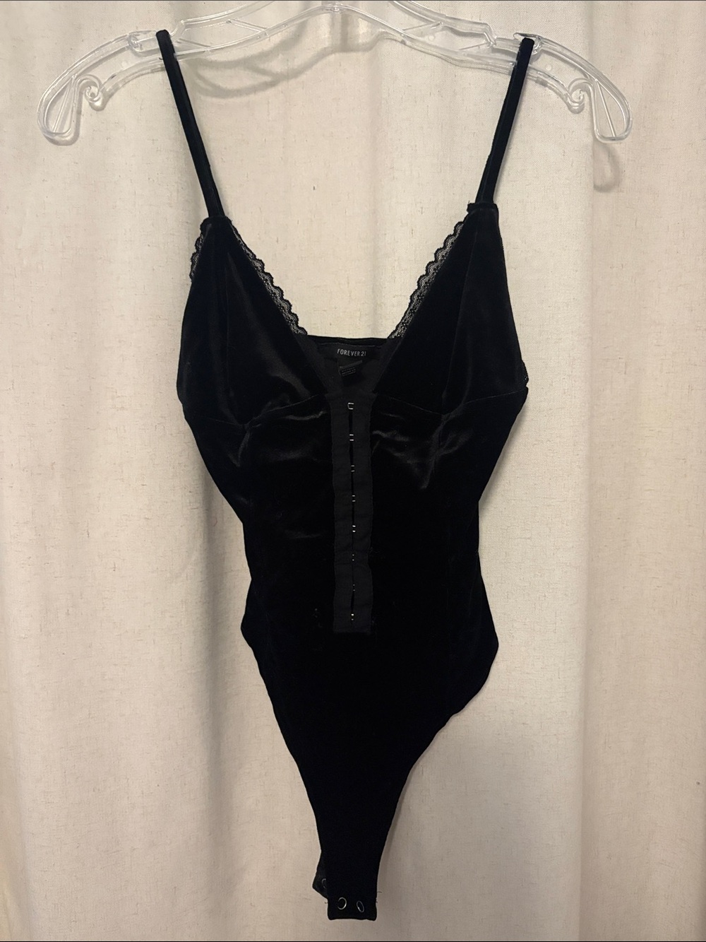 Forever 21 Black Velvet Snap-Front Bodysuit with Lace Trim